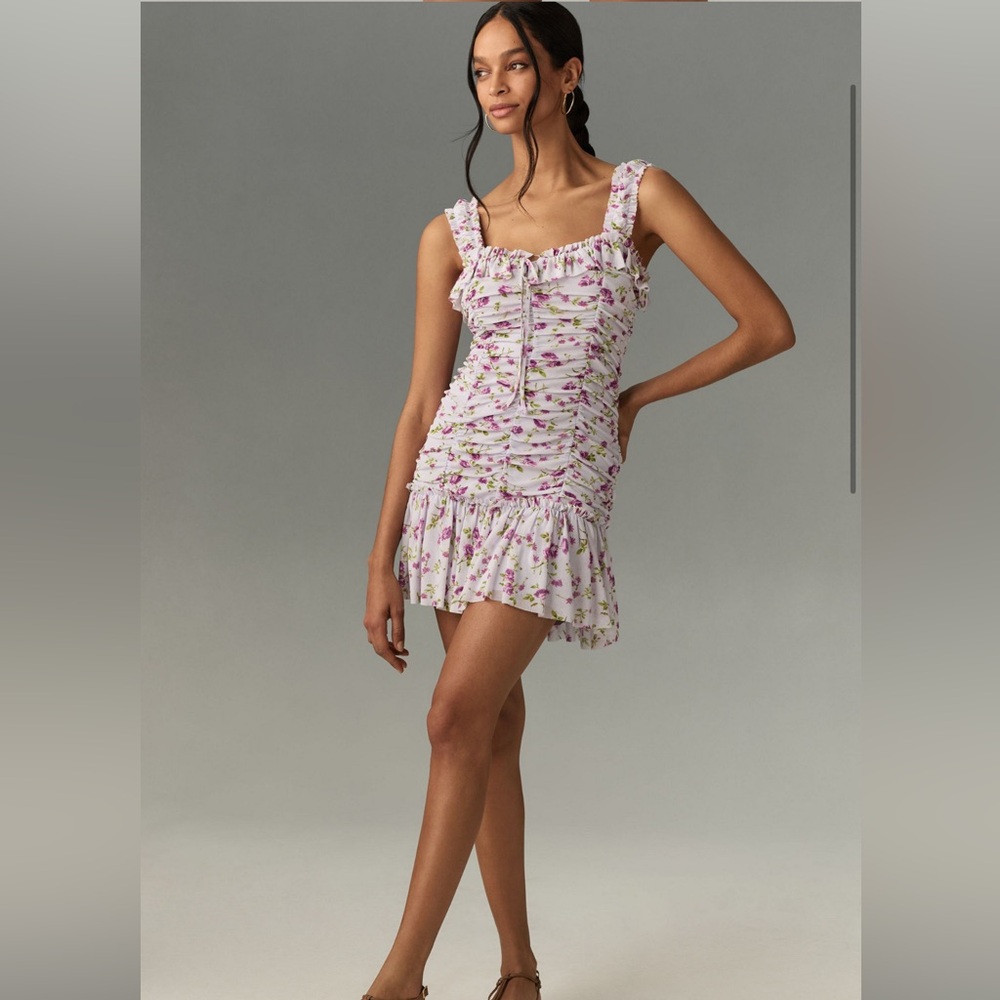 Anthropologie Sleeveless Square-Neck Ruched Floral Mini Dress, size XS